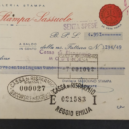 Distilleria Stampa - Sassolino Stampa Sassuolo - Fattura e cambiale 1954 1955