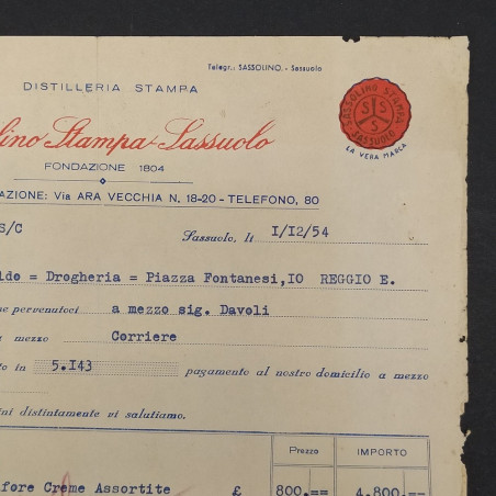 Distilleria Stampa - Sassolino Stampa Sassuolo - Fattura e cambiale 1954 1955