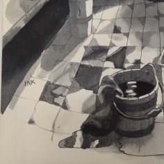 Acquerello 36x39 cm firma INK scena di vita rurale e povera 2