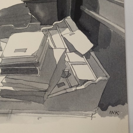 Acquerello 34x32 cm firma INK scena di un contabile al lavoro