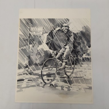 Acquerello 33x37 cm firma INK uomo in bicicletta sotto la pioggia