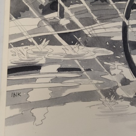 Acquerello 33x37 cm firma INK uomo in bicicletta sotto la pioggia
