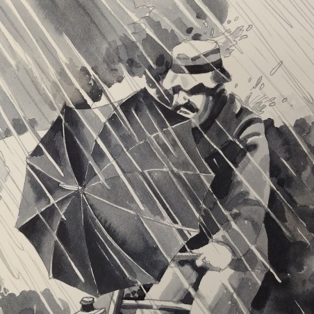 Acquerello 33x37 cm firma INK uomo in bicicletta sotto la pioggia