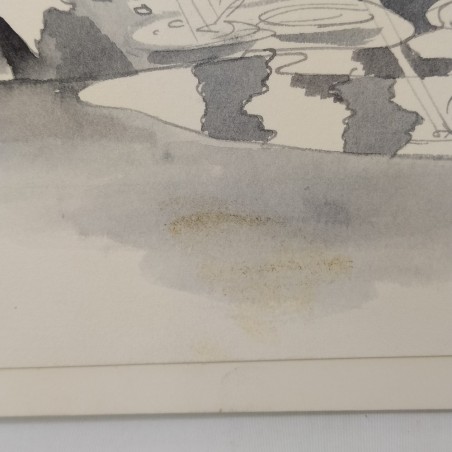 Acquerello 33x37 cm firma INK uomo in bicicletta sotto la pioggia
