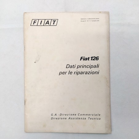 Fascicolo Fiat 126 Dati per le riparazioni delle auto, '72. Vistose macchie