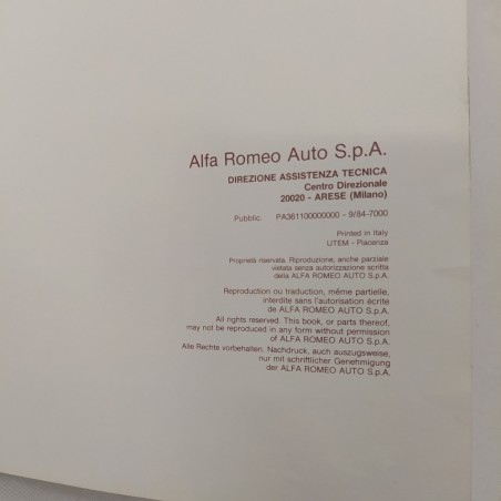 Vetture Alfa Romeo Alfa 90 tipo 162 - Product bulletin, 1984. Macchie e strappi