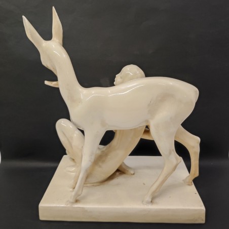 Ceramica giovinetta con daino Ugo Zaccagnini h. 30 cm
