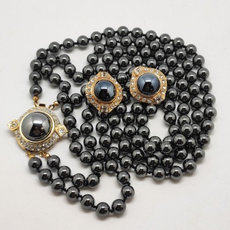 Collana a doppio filo in sfere di ematite bigiotteria con orecchini coordinati