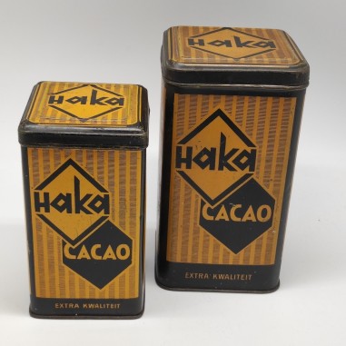 Coppia scatole latta olandesi Haka Cacao 1 kg e 1/2 kg usate anni 30/40