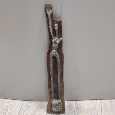 Scultura in metallo e legno donna con braccio alzato, h. 74 cm 2