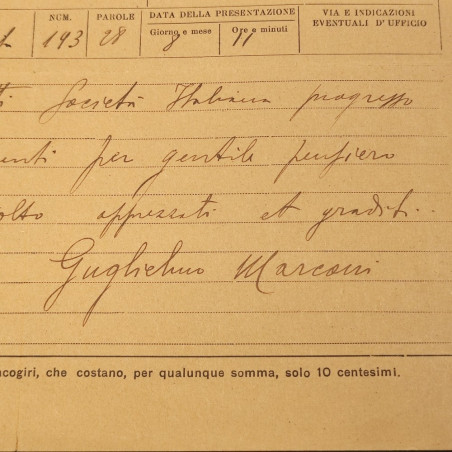 Originale Telegramma inviato da Guglielmo Marconi a Tripoli Ecc. D'Amelio