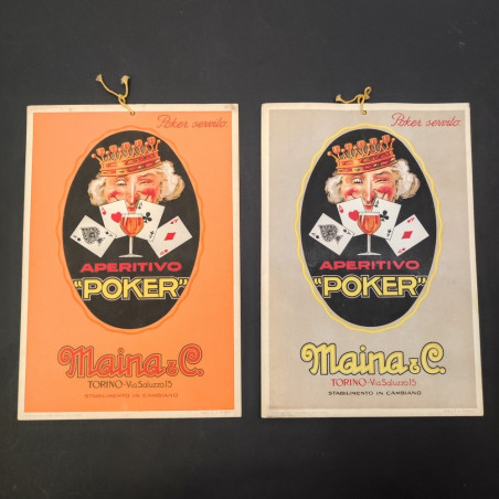 Coppia di cartelli pubblicitari da parete Aperitivo Poker anni 30