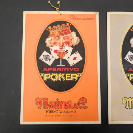 Coppia di cartelli pubblicitari da parete Aperitivo Poker anni 30