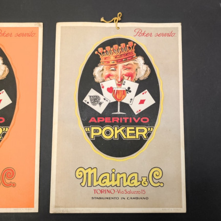 Coppia di cartelli pubblicitari da parete Aperitivo Poker anni 30