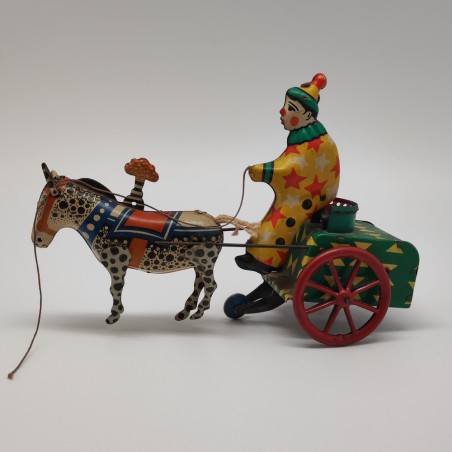 Giocattolo di latta pagliaccio col calesse e cavallino l. 19 cm