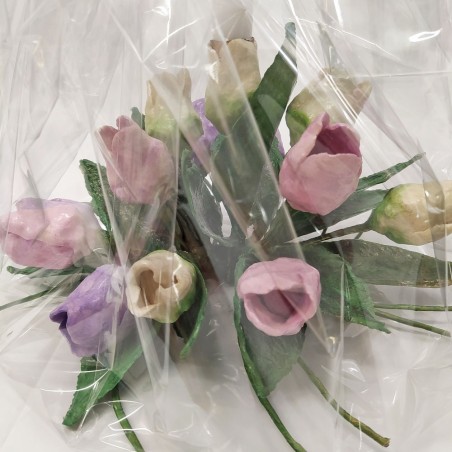 Coppia di centrotavola con fiori in cartapesta artigianali bianco-lilla