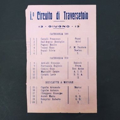 Opuscolo 1° circuito di Traversetolo 13 giugno 1926. Buone condizioni