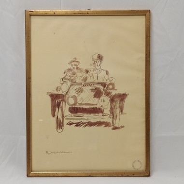 Quadro con disegno originale Marcello Dudovich soggetto auto Packard