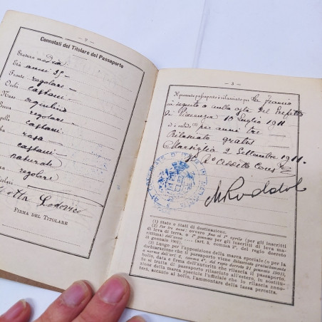 Passaporto del Regno d'Italia per l'estero di Motta Lodovico 1911. Buono