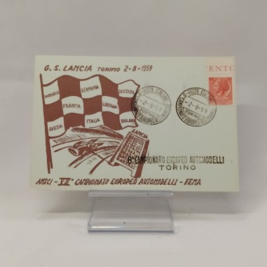 Cartolina 8°Campionato europeo automodelli, Lancia, 1959 timbrata e affrancata