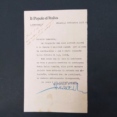 Lettera Il Popolo d'Italia con firma di Arnaldo Mussolini, 1928. Ingiallimenti