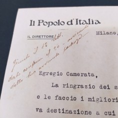 Lettera Il Popolo d'Italia con firma di Arnaldo Mussolini, 1928. Ingiallimenti 2