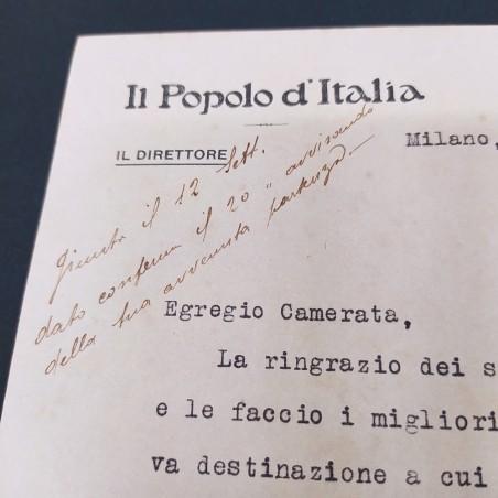 Lettera Il Popolo d'Italia con firma di Arnaldo Mussolini, 1928. Ingiallimenti