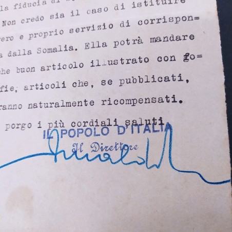 Lettera Il Popolo d'Italia con firma di Arnaldo Mussolini, 1928. Ingiallimenti