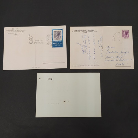 Lotto di 3 cartoline campionati sportivi e Giornata del tabaccaio, anni '50-'60