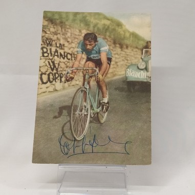 Cartolina pubblicitaria biciclette Bianchi con autografo Coppi. Retro macchiato