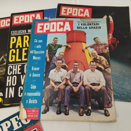 Lotto di 6 riviste Epoca e L'Europeo con articoli sullo spazio, anni '60. Pieghe