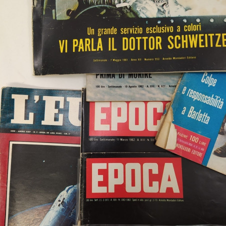 Lotto di 6 riviste Epoca e L'Europeo con articoli sullo spazio, anni '60. Pieghe