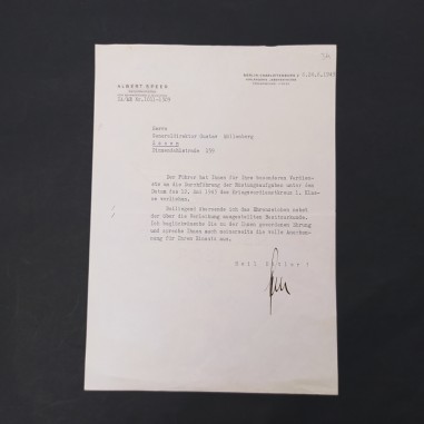 Lettera firmata Albert Speer, carta intestata Reichsminister, 1943. Aloni