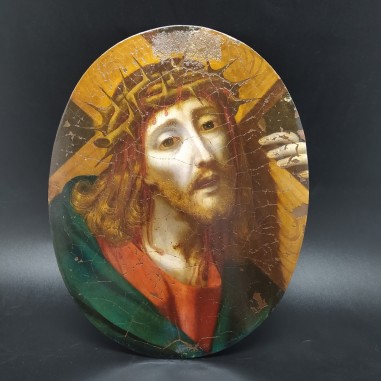 Dipinto di Cristo, olio su rame ovale 1600/1700. Pittura con fessurazioni