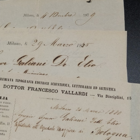 Lotto di 3 lettere del dottor Vallardi al Dott. Galiani, 1879-80. Ingiallimenti
