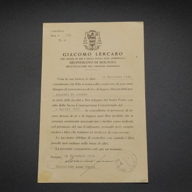 Lettera dell'Arcivescovo di Bologna Lercaro firmata con carta intestata, 1954