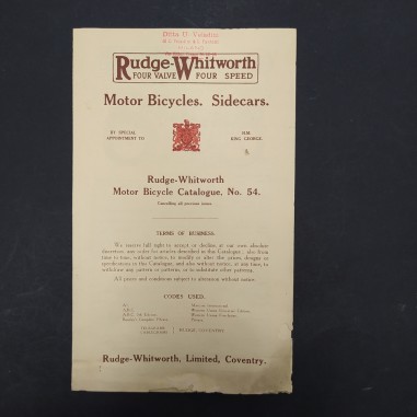 Catalogo n. 54 Rudge-Whitworth Motor Bicycles and sidecars in inglese. Strappi