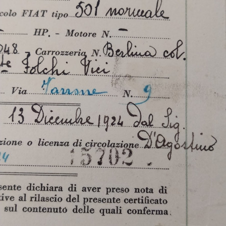 Certificato di garanzia e licenza Fiat 501 datato 1924. Piccoli strappi