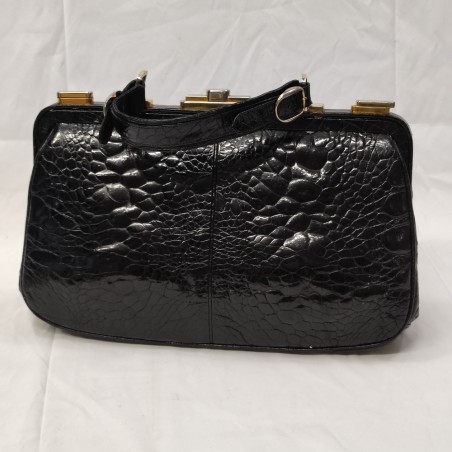 Borsa donna a mano in cocodrillo nero anni 50/60 con finiture in metallo giallo