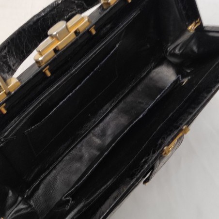 Borsa donna a mano in cocodrillo nero anni 50/60 con finiture in metallo giallo