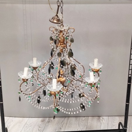 Lampadario a 6 braccia in cristallo e metallo periodo anni 50