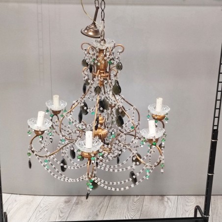 Lampadario a 6 braccia in cristallo e metallo periodo anni 50
