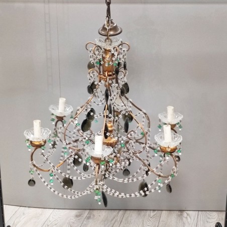 Lampadario a 6 braccia in cristallo e metallo periodo anni 50
