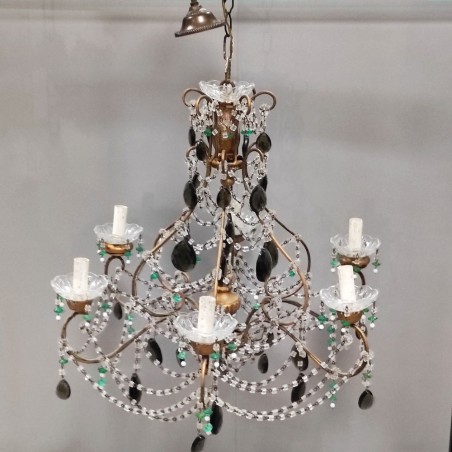 Lampadario a 6 braccia in cristallo e metallo periodo anni 50