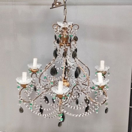 Lampadario a 6 braccia in cristallo e metallo periodo anni 50