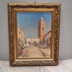 Quadro Henri Voisin olio su tavola veduta di Marrakesh anno 1938