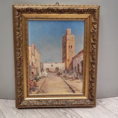 Quadro Henri Voisin olio su tavola veduta di Marrakesh anno 1938