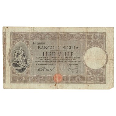 Banconota L. 1000 Matrice Banco di Sicilia 22/06/1915