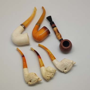 Lotto di 6 pipe artistiche in schiuma, ceramica e pipa Brebbia in legno. Nuove