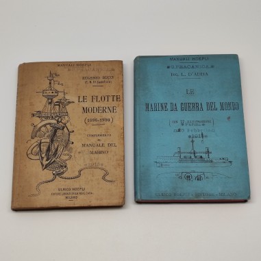 Lotto di 2 manuali navali Hoepli tascabili 1897 e 1900, D'Adda e Bucci. Macchie